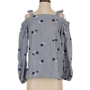 Michael Kors Navy and White Striped Cold-Shoulder Blouse with Floral Print